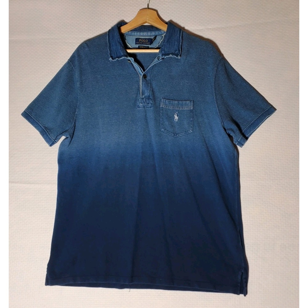 Polo Ralph Lauren Ombre Polo Shirt Mens XL Custom Slim Fit Navy Blue Distressed
